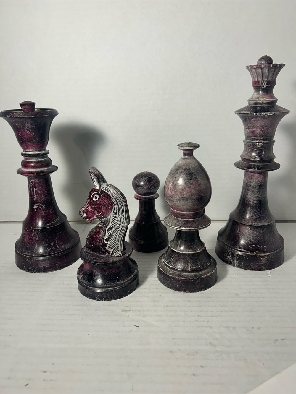 Vintage-Style Chess Pieces Set in Deep Burgundy and Black 5 piece set